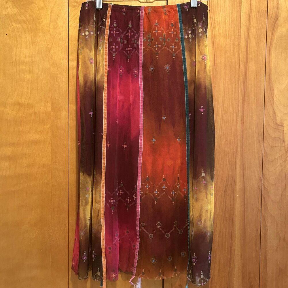 West End Women Mesh Midi Skirt-Sz M-Velvet Strips-Multicolor-Fairy-Boho-Festival
